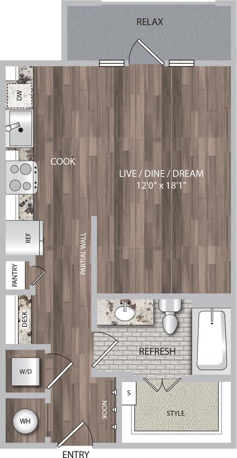 Floor plan for studio, 1 bath, 556 sqft
